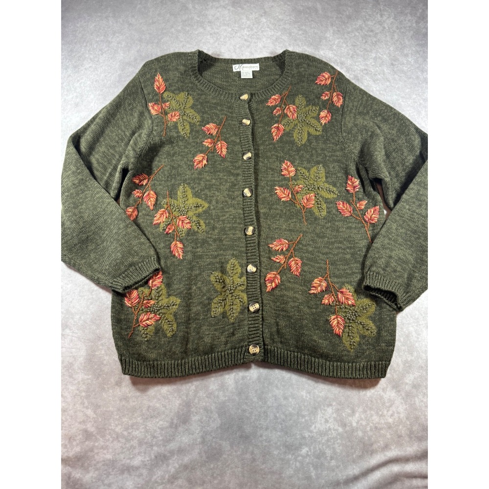 Dressbarn Woman Olive Green Embroidered Leaf Cardigan Sweater Ramie Cotton 14/16